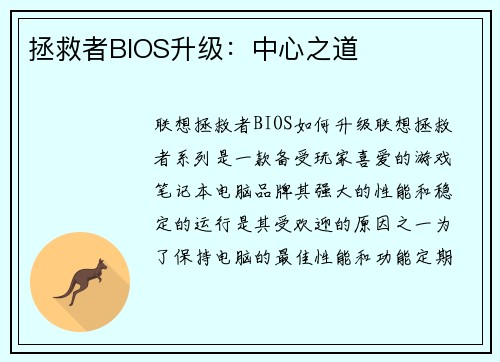 拯救者BIOS升级:中心之道